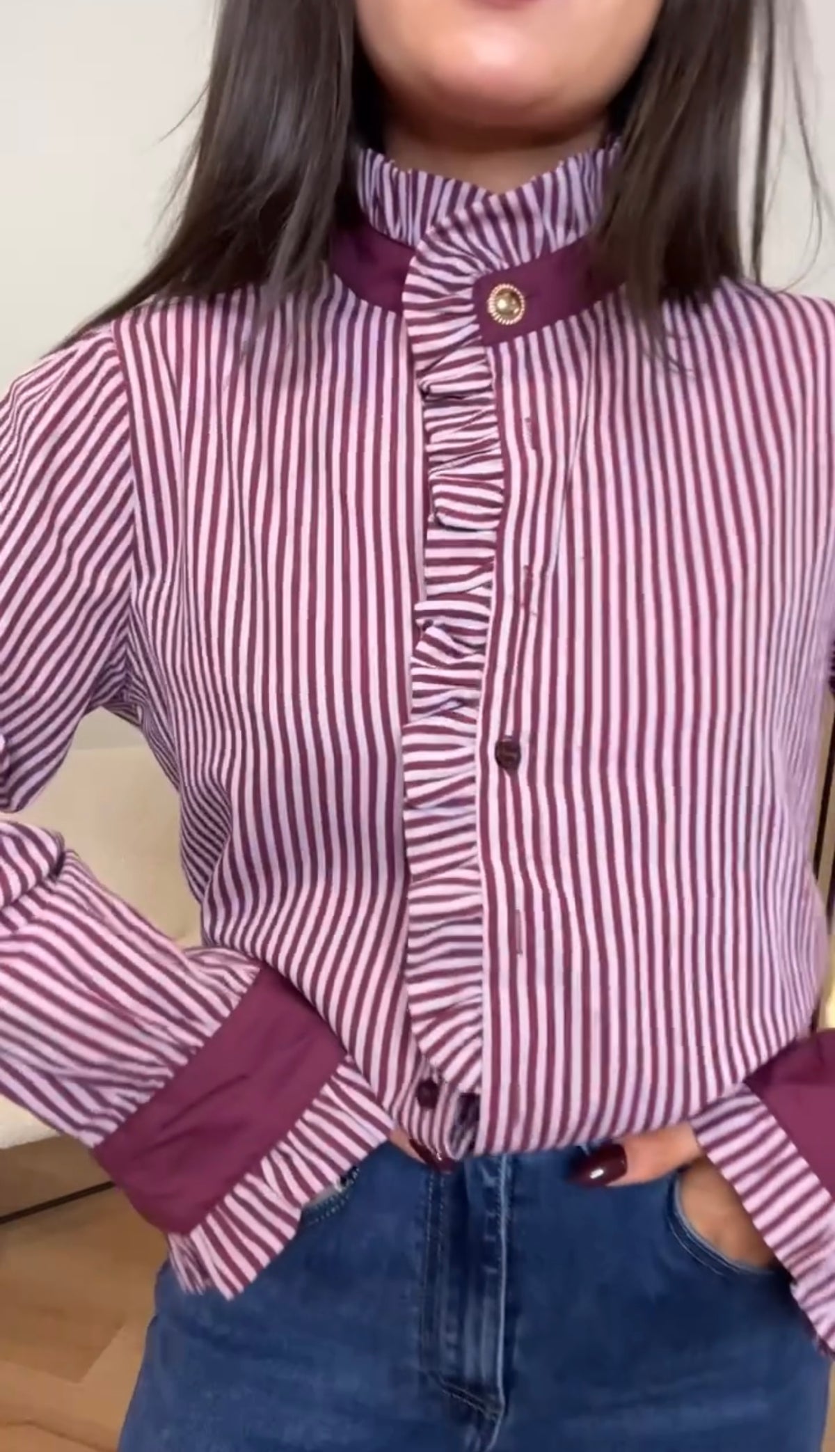 Nikki- Burgundy & Mauve Pinstripe Blouse