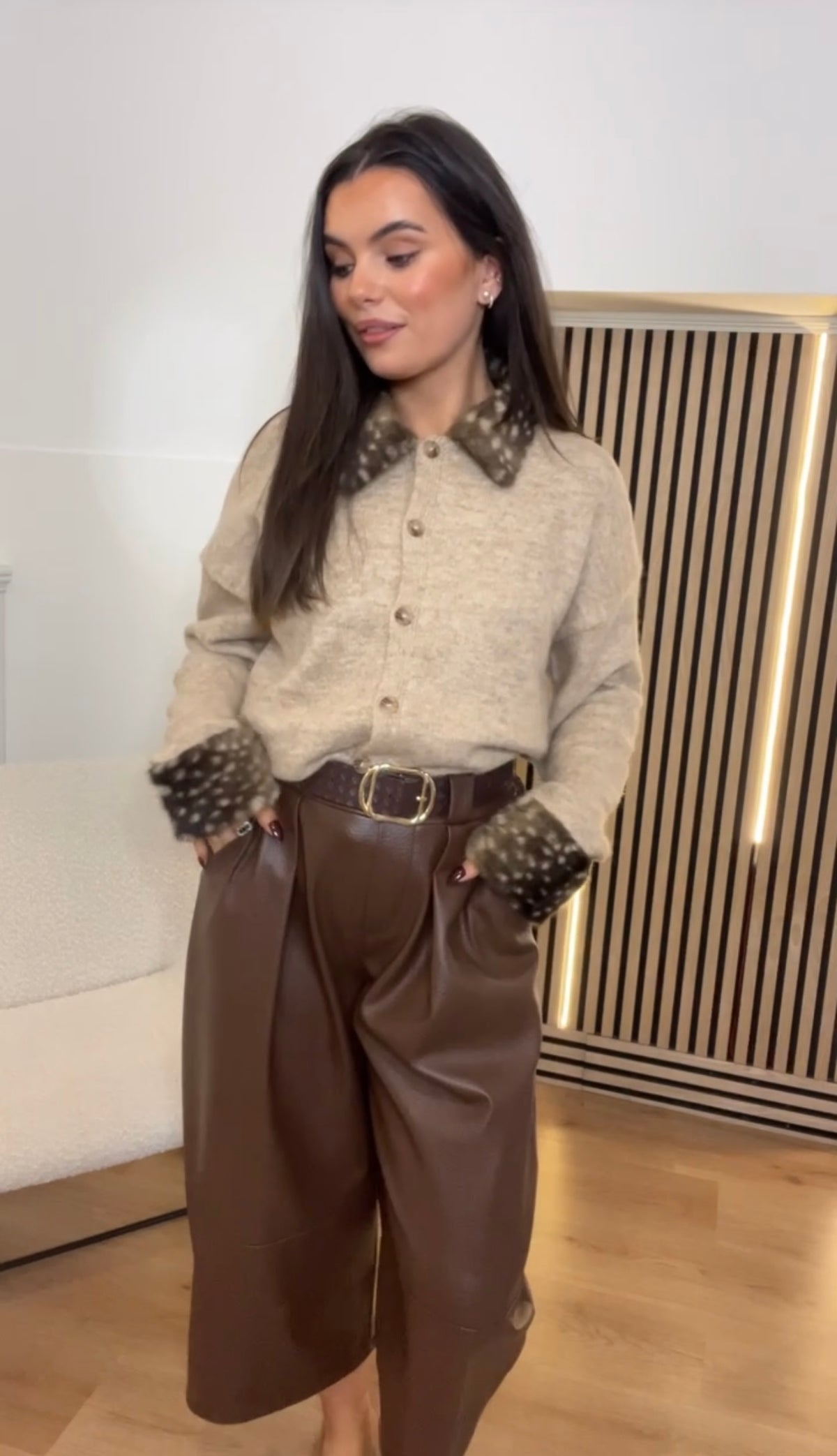 Asha- Beige cardi with Bambi print dollar and cuff