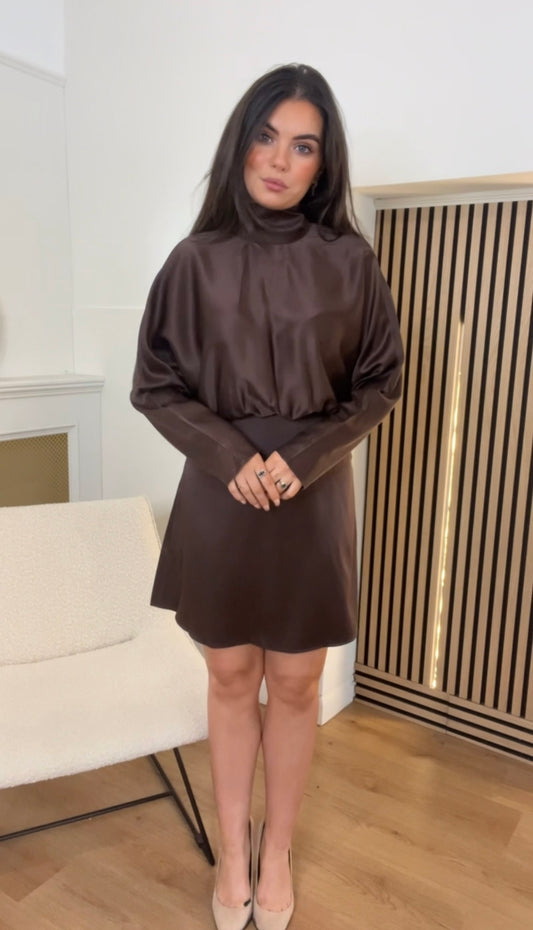 Kim Chocolate Brown Satin Mini Dress – Bow Back Detail