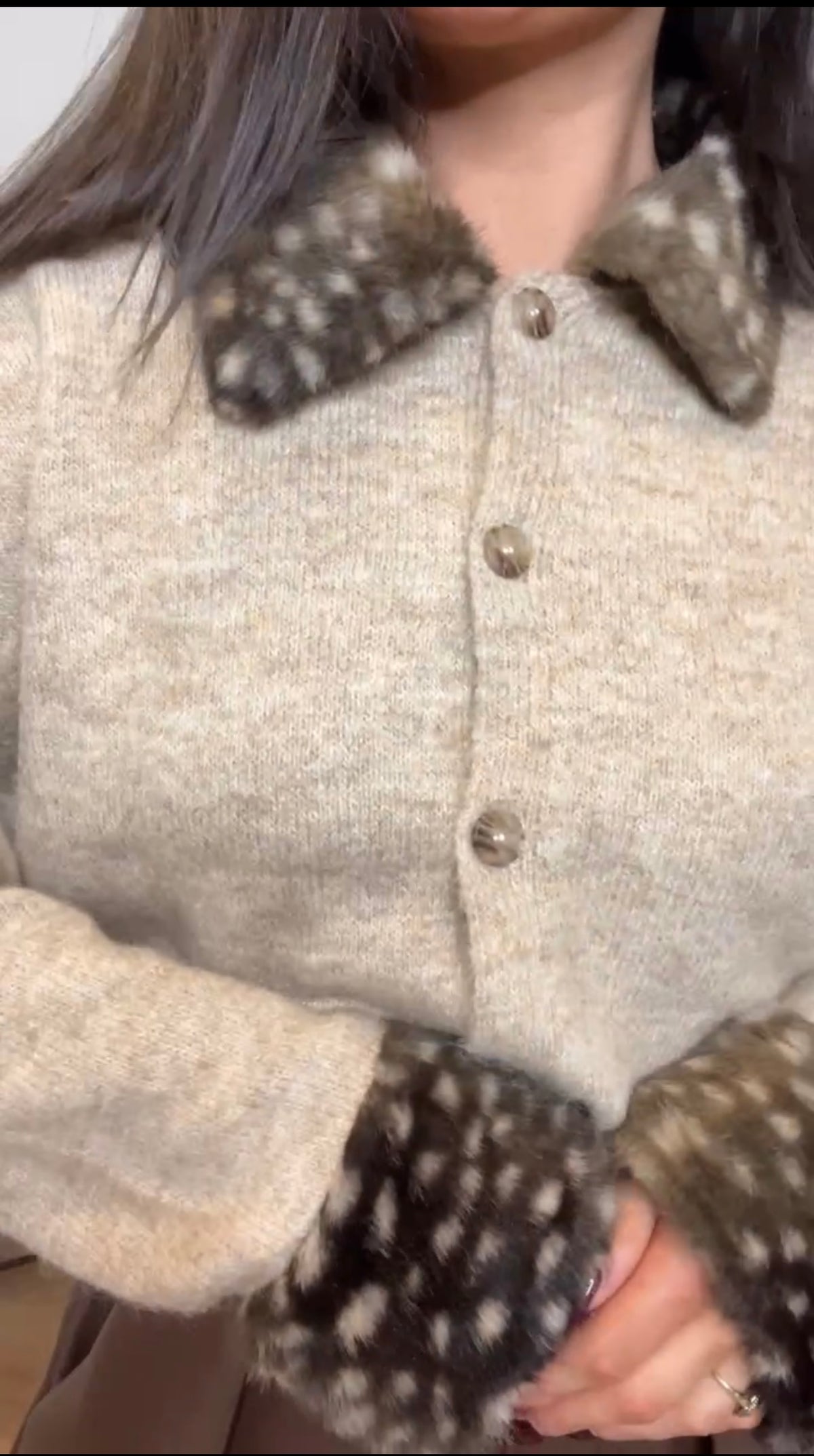 Asha- Beige cardi with Bambi print dollar and cuff