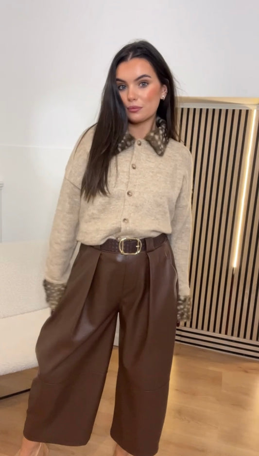 Asha- Beige cardi with Bambi print collar and cuff