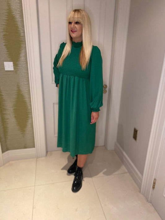 Green High Neck Midi Length Dress With Shirring Detail